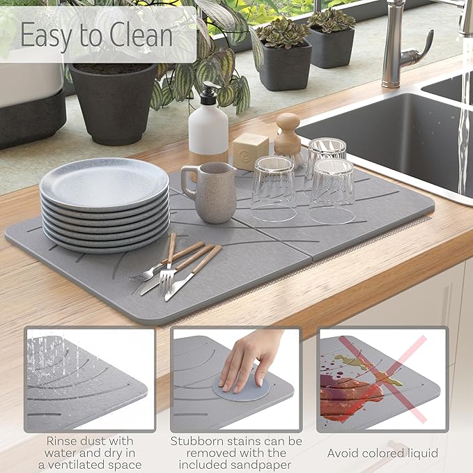Large Stone Drying Mat with Bamboo Rack | 23.6โ x 15.4โ Diatomaceous Earth Collapsible Stone Dish Drying Mat | Quick Water Absorbing Foldable Dish Drying Stone for Kitchen Counter Racks (Light Gray)
