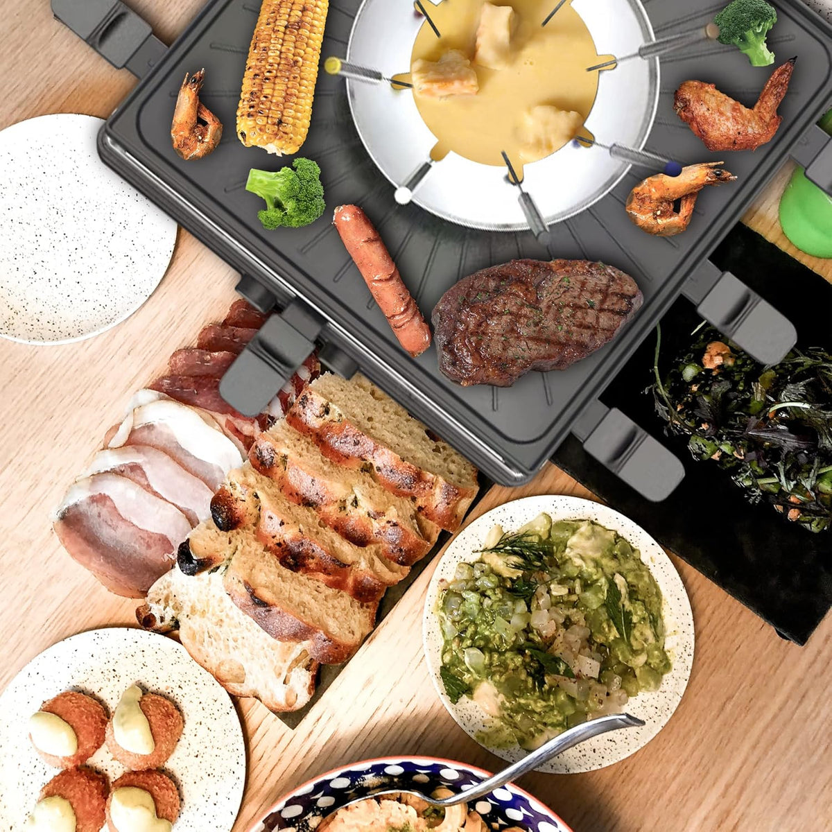 Electric Fondue Pot Set, 600ML Fondue Pot with Grill Plate, 8 Color-Coded Forks, 8 Non-Stick Pans, Dual Thermostat Fondue Grill Combo for Chocolate, Cheese, Grilling