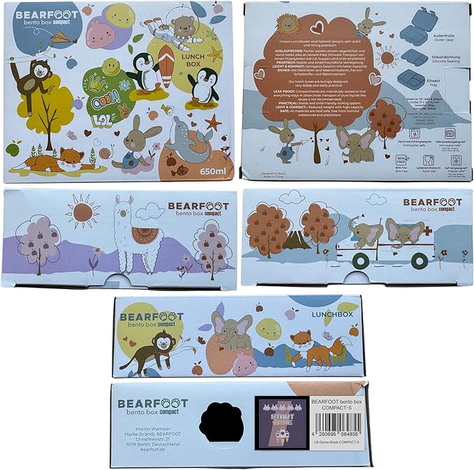 BEARFOOT Kids Lunch Box with Compartments β Compact & Lightweight | Leak-Proof, BPA-Free, Dishwasher & Microwave Safe | Hand-Drawn Design for Preschool, School, Travel (Game Black, 2.75 Cups)