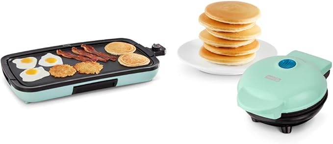 DASH Deluxe Everyday Electric Griddle (20" x 10.5", 1500 Watts) + DASH Mini Griddle Maker (4 Inch, 350 Watts) - Aqua