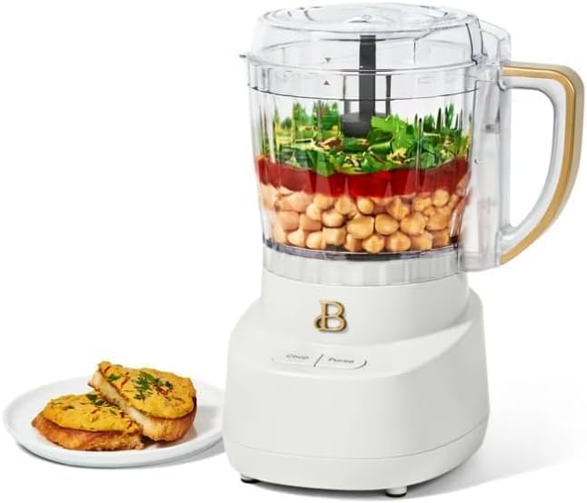 b..eautifull Drew Barrymore 3-Cup Electric Food Chopper, Mini Processor with Glass Bowl, 250W, BPA-Free, Dishwasher Safe, White Icing
