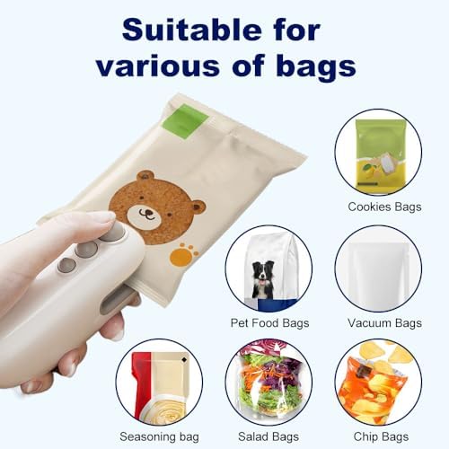 2-in-1 Mini Bag Sealer & Cutter, Rechargeable Handheld Snack Bag Heat Sealing Machine with Magnet, Portable Resealer for Food Storage, 2-Pack (White)