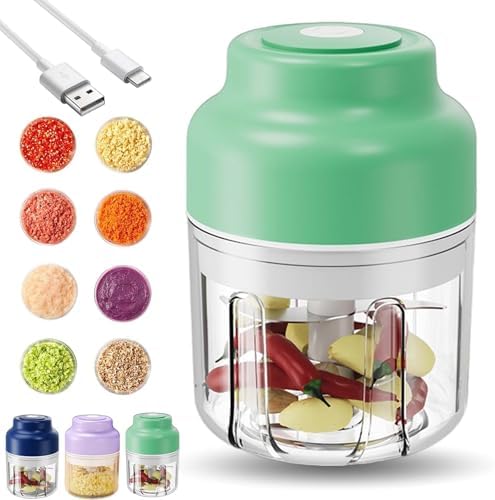 Household Electric Garlic Crusher, Electric Garlic Chopper, Mini Portable Veggie Chopper with 4/6 Stainless Steel Blades, Wireless Rechargeable Food Cutter for Garlic, Onion, Chili (Green,250ML)
