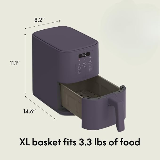 bella 4Qt Slim Air Fryer, Fits-anywhere™ Kitchenware, EverGood™ Ceramic Nonstick Coating, Adjustable Temperature, 6 Preset Cooking Options, 60 Min Auto Shutoff w Audible Tone, 3.3lb Capacity, Plum