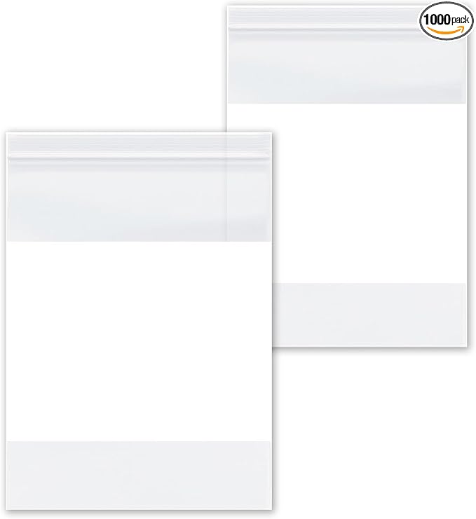 PSBM 1000 Count 4 Mil 5 Inch x 8 Inch, White Block Reclosable Poly Bags, With Write-On Block, Clear Zip Plastic Bag, Lock Seal Zipper For Packing, Storing, Organizing & Shipping Products