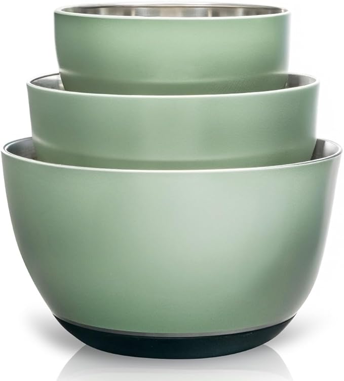 WHYSKO Stainless Steel Mixing Bowls Set of 3 with Non-Slip Silicone Base, Nesting Metal Bowls for Meal Prep, Baking, Cooking & Food Storage, Dishwasher Safe Kitchen Mixing Bowls, Green