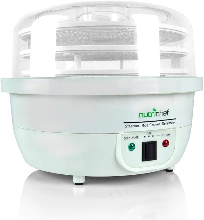 NutriChef Food Dehydrator Machine and Professional Electric Steamer, Cooker, Meat Preserver, Beef Jerky Maker, Fruit Dryer, Steams Rice and Vegetables with Stackable Trays in White - (PKFDSRC10WT)