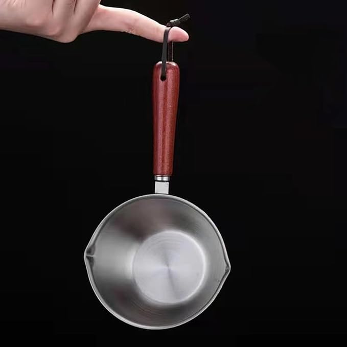 Butter Warmer Pot, 300ml 4.1x2.36in Milk Pot for Stove, Versatile Small Stainless Steel with Pour Spout and 4in Wooden Handle for Melting Butter, Heating Sauces, or Making Coffee