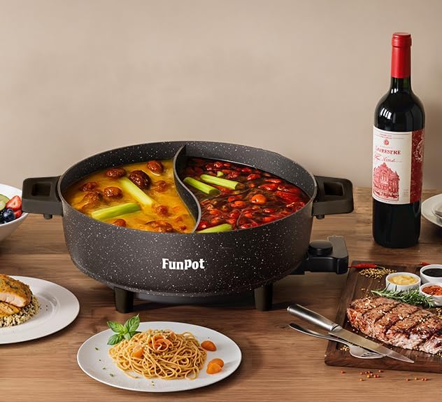 6L Electric Hot Pot with S-Shape Dual-Divider, Smart Temperature Control, 5 Heat Settings, 1350W Fast Boiling, Diamond Nonstick Pot (Black Hollow Handles)