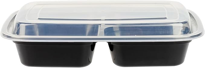 Restaurantware Asporto 26 Ounce Compartment Take Out Boxes 100 Microwavable Meal Prep Containers - 3 Compartments With Clear Plastic Lids Black Plastic Food Containers Do Not Contain BPA