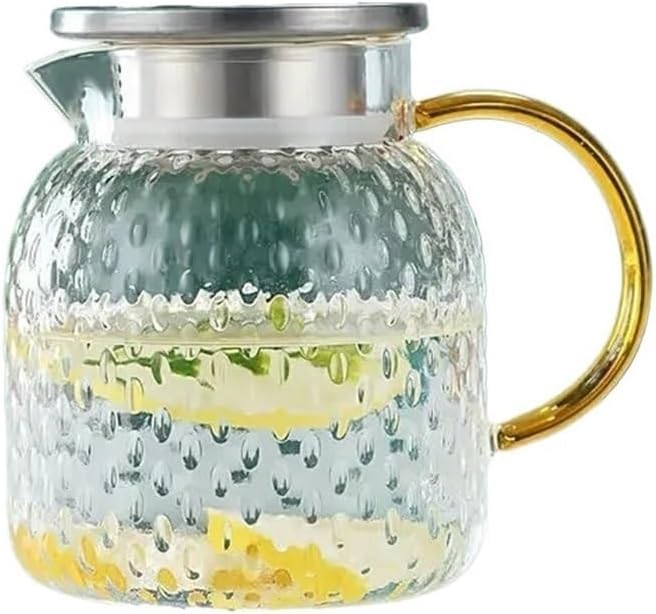 GRFIT Glass Water Pitcher with Filter Lid and Spout Pourer Heat Resistant Glass Pitcher for Hot and Cold Drinks Tea Bottle Ice Cream Homemade Water Jug (1L)