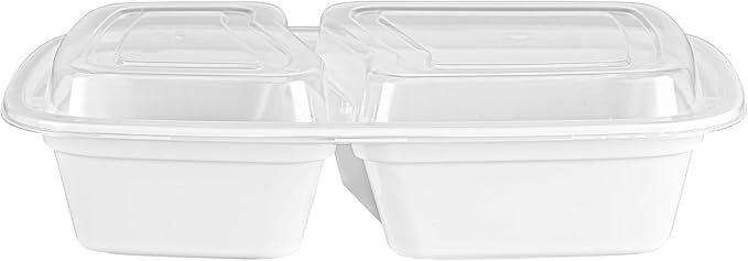 Restaurantware Asporto 32 Ounce Compartment Take Out Boxes 100 Microwavable Meal Prep Containers - 2 Compartments With Clear Plastic Lids White Plastic Food Containers Do Not Contain BPA