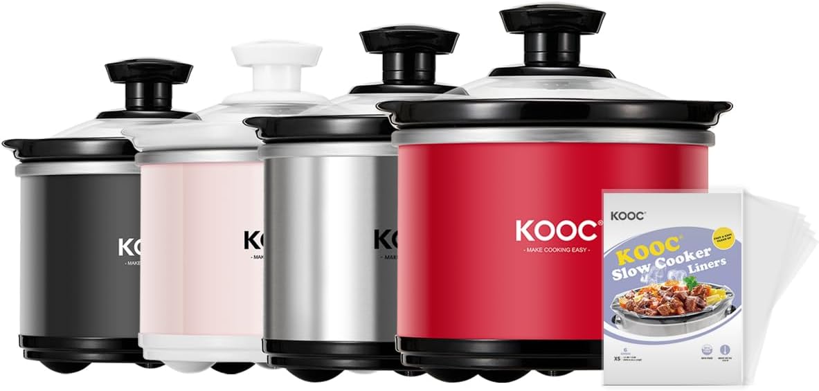 KOOC Small Slow Cooker, 0.65 Quart, Free Liners Included, Upgraded Ceramic Pot, Nutrient Loss Reduction, Sauces, Stews & Dips, Stainless Steel, Red, Round