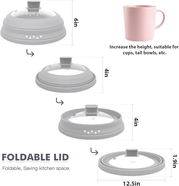 Tall Microwave Splatter Cover Glass Cover Guard Lid 6 inch Height with Collapsible Silicone for Food Pot Plate 12.5 inch Grey