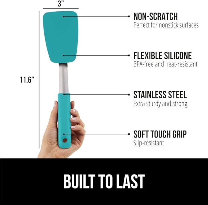 GORILLA GRIP Patented BPA-Free Non-Scratch Spatula, Heat Resistant Flexible Silicone Head for Nonstick Cooking Pans, Soft Rubber Handle, Kitchen Spatulas for Flipping Eggs, Pancakes, 11.6 in Turquoise