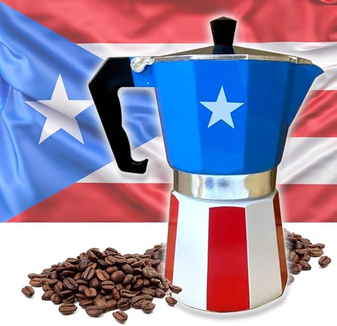 PRK 14 Puerto Rico Coffee Pot – Aluminum Moka Grecas Pot with Puerto Rican Flag Design | Traditional Stovetop Espresso Maker for Authentic Cafe Boricua 6 Cup