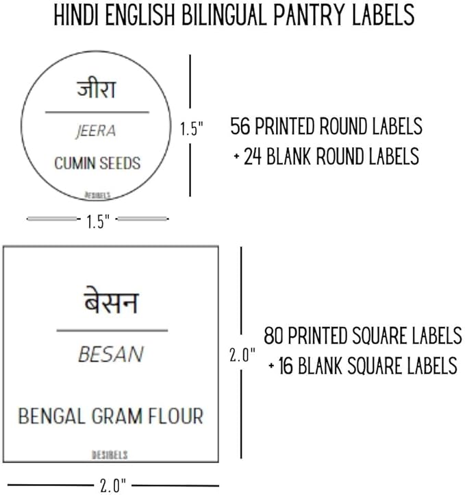 136 Printed Indian Hindi Bilingual Plus 40 Blank Kitchen Pantry Labels, Minimalist, Waterproof, Dishwasher-Safe, Easy to Remove and Re-Stick