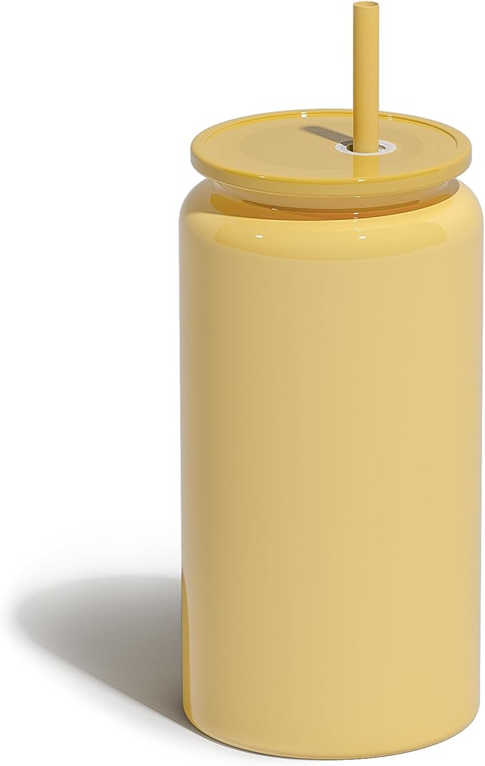 Glass Cups with Lids and Straws, 16oz Stainless Steels Cups, Beer Cups, Iced Coffee Cup, Smoothie Cup, Sublimation Tumbler, Yellow (Smooth Polished Finish, Sublimatable)