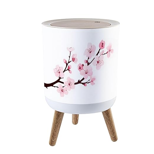 Trash Can with Lid Cherry Blossom Spring Flower Japan Press Top Round Small Garbage Bin with Wooden Legs Waste Basket for Kitchen Bedroom Nursery 7L/1.8 Gallon