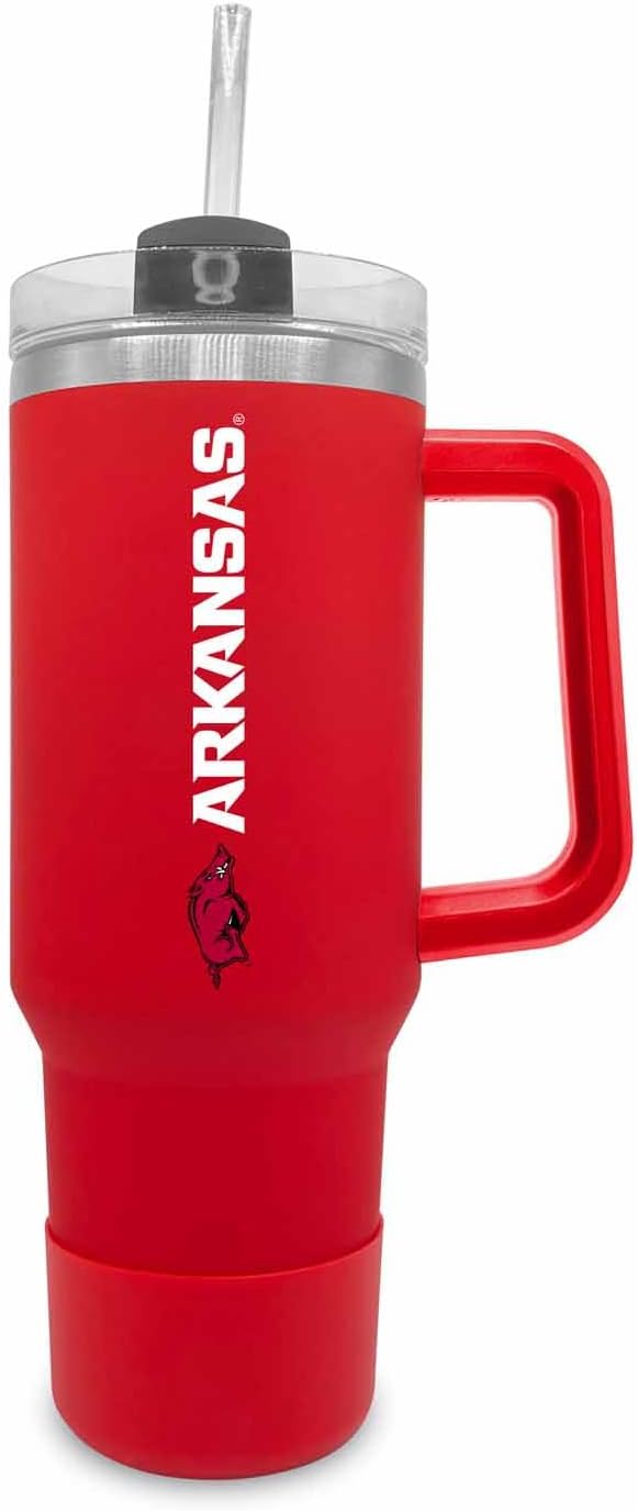 Campus Colors College & University 40 oz Travel Tumbler With Handle - Dual Option Lid With Straw - Vacuum Insulated Stainless Steel (Arkansas Razorbacks - Cardinal)