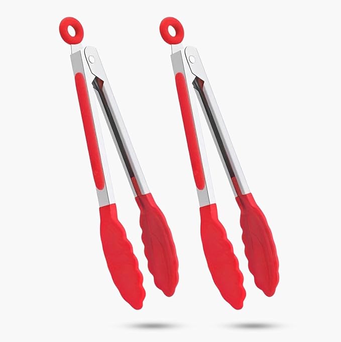 2-Pack of 9" (Small) & 12" (Large) Kitchen Tongs Set: Non-Stick Silicone-Stainless Steel Cooking Tongs, BPA Free, Heat Resistant (480°F) - Non-Slip Grip & Locking Metal Food Tongs (Red)