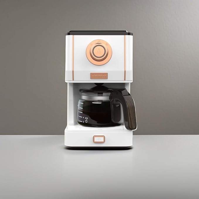 Amaste Retro Style Coffee Machine with 25 Oz Glass Coffee Pot, Reusable Coffee Filter & Three Brewing Modes, Warming Plate, Elegant White with Rose Gold