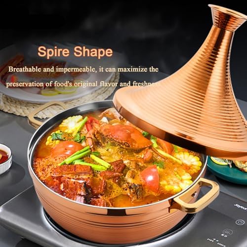 Large Stainless Steel Moroccan Tagine Pot - Non-Stick Casserole with Cone Lid & 2 Handles (30cm/11.8in, Gold) - Perfect for Authentic Moroccan Cooking