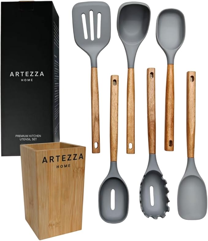 Premium Silicone Kitchen Utensil Set – 7-Piece Cooking Tools with Acacia Wood Handles and Bamboo Holder, Non-Stick, Heat Resistant, BPA-Free, Elegant Kitchen Gift (Grey -7pcs)