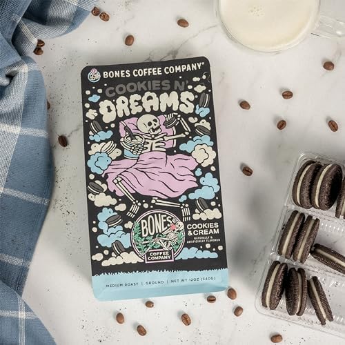 Bones Coffee Company Cookies 'N Dreams Cookies and Cream Flavored Coffee, Medium Roast Low Acid Arabica Beans Compatible with Auto drip and French Press Coffee Maker, 12 Oz Whole Bean