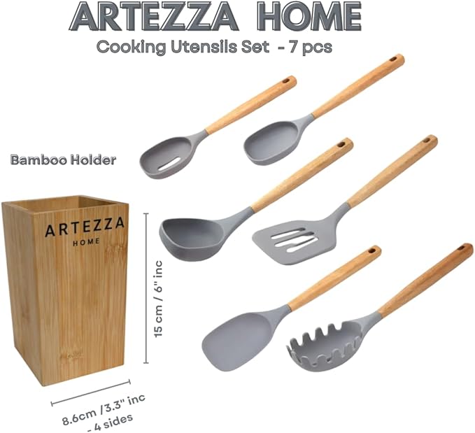 Premium Silicone Kitchen Utensil Set – 7-Piece Cooking Tools with Acacia Wood Handles and Bamboo Holder, Non-Stick, Heat Resistant, BPA-Free, Elegant Kitchen Gift (Grey -7pcs)