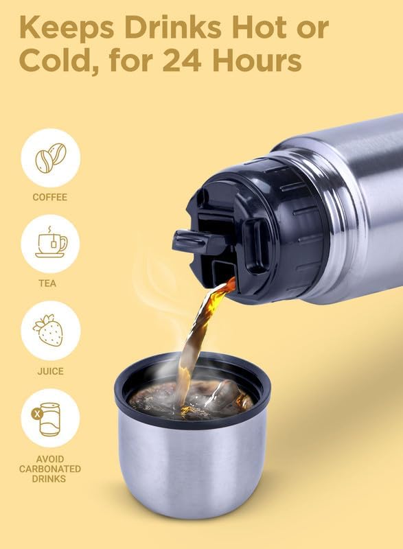 Milton Thermosteel Flip Lid 500, Double Walled Vacuum Insulated Thermos 500 ml | 16 oz | 24 Hours Hot and Cold Water Bottle with Cover, Stainless Steel, BPA Free, Leak Proof | Silver