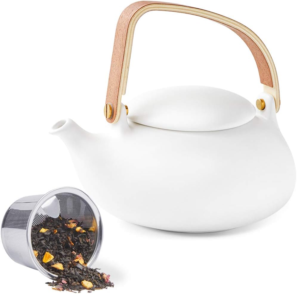ZENS Teapot with Infuser, Ceramic Japanese 2cup Teapot for Loose Leaf Tea, 800ml Small Matte White Porcelain Tea Pot Gift with Modern Bentwood Handle
