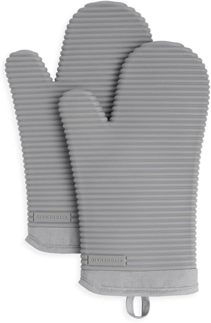 KitchenAid Ribbed Soft Silicone Oven Mitt Set, 7"x13", Grey 2 Count & Ribbed Soft Silicone Water Resistant Pot Holder Set, Grey, 2 Piece Set