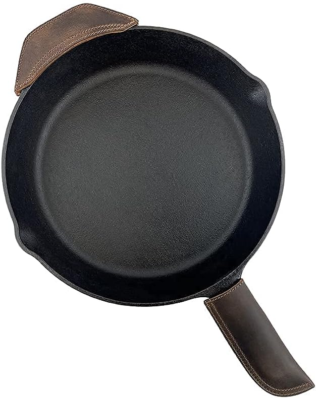 Hide & Drink, Rustic Leather Hot Handle Holders (Set of 2) Panhandle, Side Kick, Assist Grip for Cast Iron Skillets & Pans, Double Layered, Handmade (Bourbon Brown)