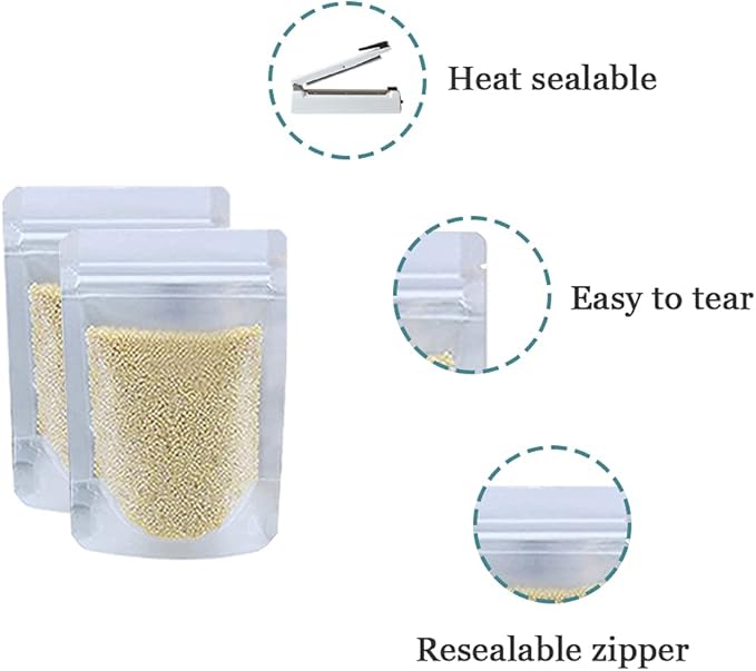 PABCK 100 Pcs 4.3x7.1 inch Resealable Stand Up Bags Matte Clear Zipper Lock Heat Seal Pouches with Tear Notch for Zip Food Storage Lock Packing