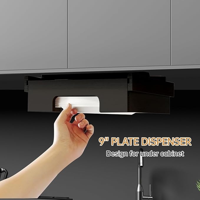 9-inch Paper Plate Dispenser - Bamboo Paper Plate Dispenser Under Cabinet, Kitchen Counter Vertical Holder Organizer Countertop Caddy Rack Black