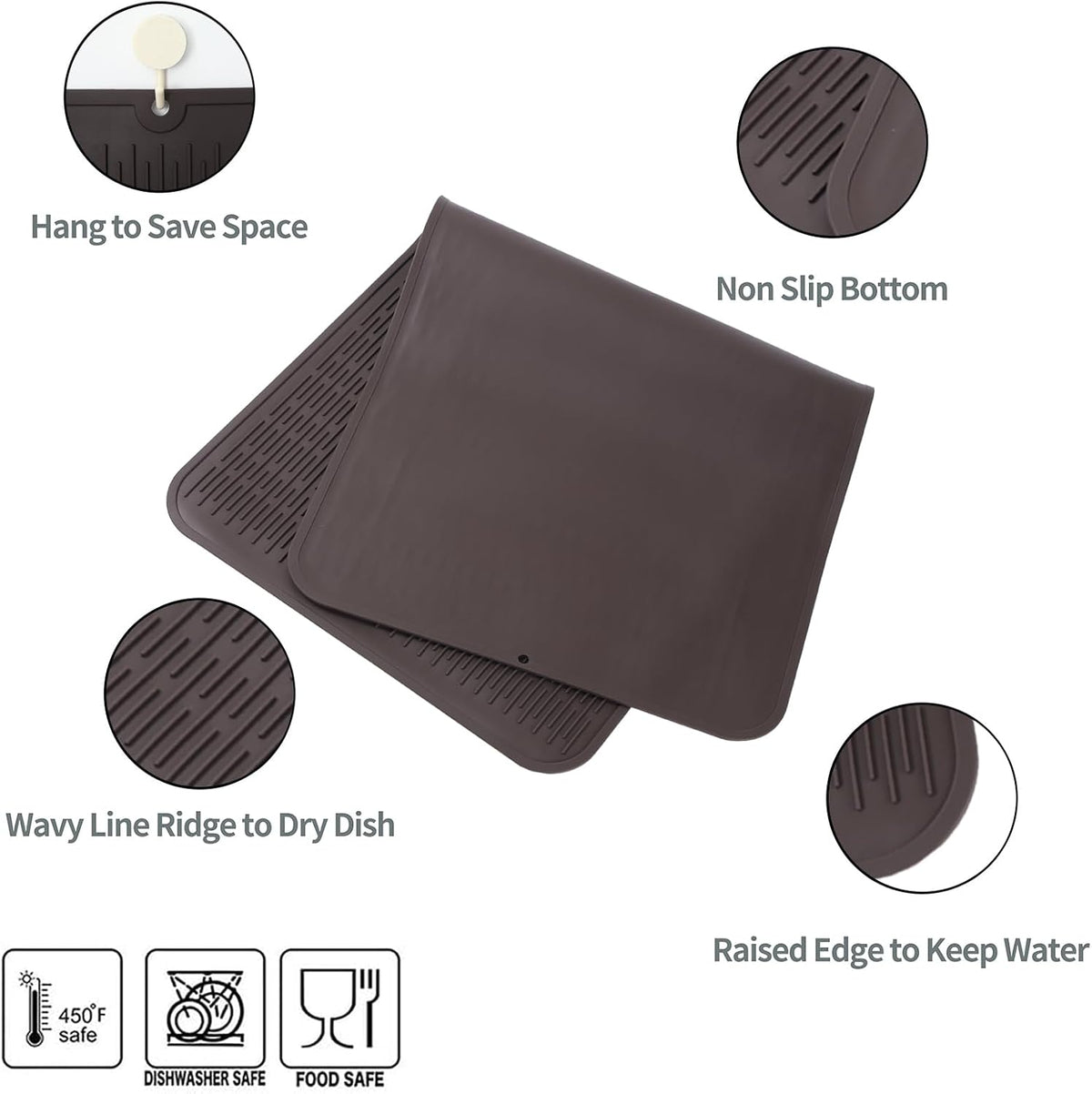 Silicone Dish Drying Mat for Multiple Usage,Easy clean,Eco-friendly,Heat-resistant Silicone Mat for Kitchen Counter or Sink,Refrigerator or Drawer Liner Coffee 5XL 36inches x 18inches