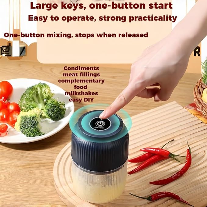 300ML USB Rechargeable Electric Garlic Chopper, Mini Portable Veggie Cutter with Eggbeater&4/6 Knife Heads, Veggie Chopper with Container and Lid, Vegetable Crusher (A)