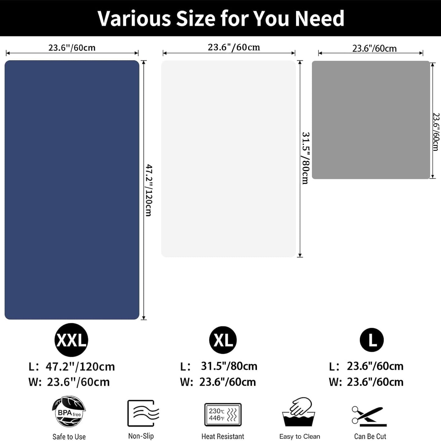 2MM Super Thick Large Silicone Mat, 23.6"x23.6" Silicone Mats for Kitchen Counter, Non-slip Heat Resistant Mat, Waterproof Countertop Protector Mats (Light Grey)