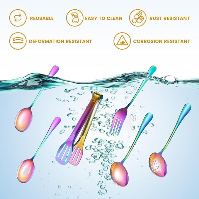 Rainbow Serving Utensils Set Stainless Steel, 15pcs Large Metal Serveware Serving Spoons, Slotted Spoons, Forks, Tongs, Soup and Skimmer Spoon, Cake Server for Partie, Buffet, Catering, Entertaining