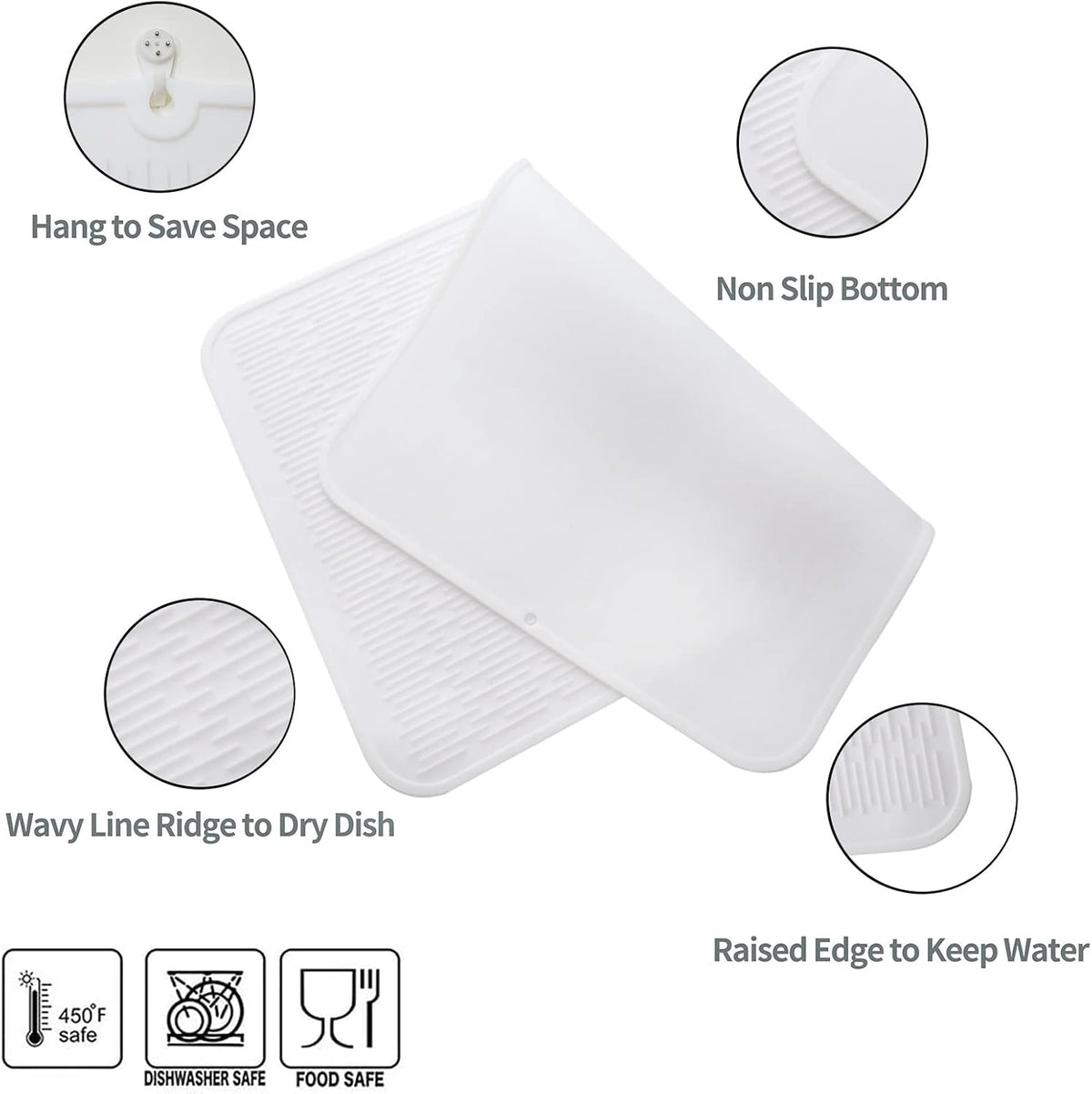 Silicone Dish Drying Mat for Multiple Usage,Easy clean,Eco-friendly,Heat-resistant Silicone Mat for Kitchen Counter or Sink,Refrigerator or Drawer Liner White 4XL 32 inches x 18 inches