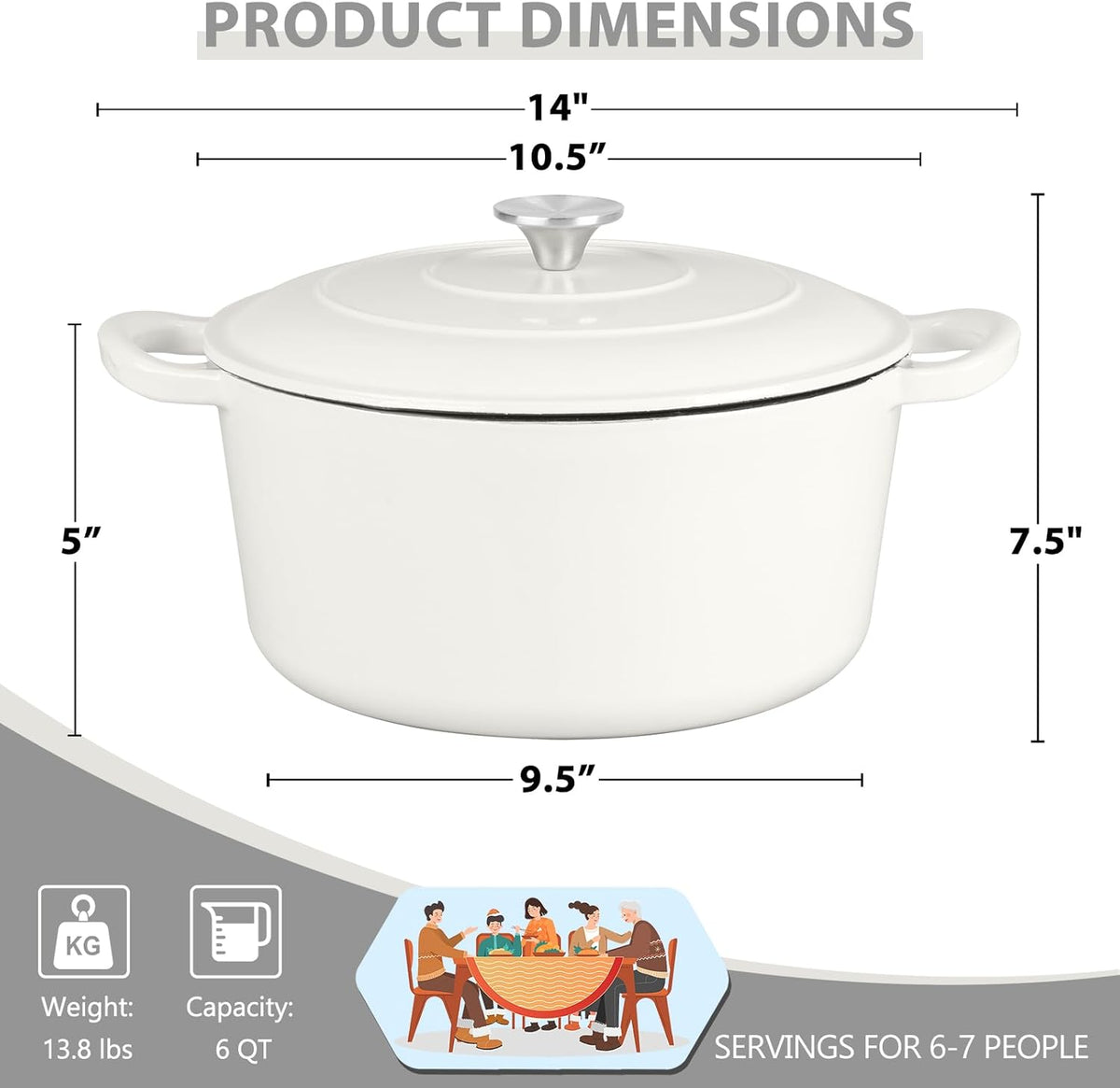 E-far 6 Quart Dutch Oven, Enameled Cast Iron Dutch Oven Pot with Lid, Nonstick Round Cookware for Braising/Stews/Roasting/Bread Baking/Cooking, Heavy Duty, Induction & Oven Safe - White