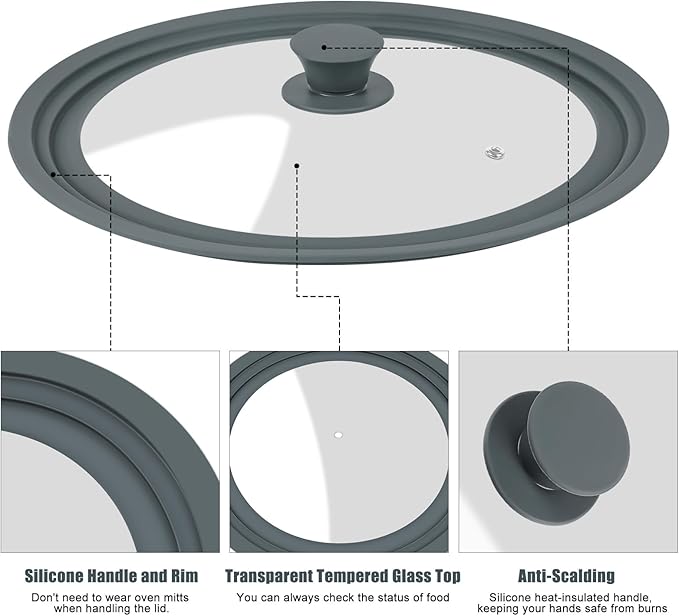 Universal Lid for Pots, Pans, and Skillets - Silicone Replacement Pan Lid Fits 8", 9", 9.5" Cookware - Tempered Glass Pot Lid Cover for Frying Pans, Cast Iron, CrockPot