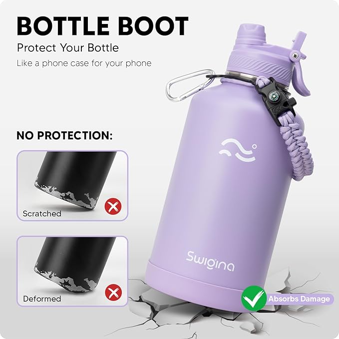 Swigina [2-IN-1 LID] 64 oz Insulated Water Bottle with Silicone Boot (48hrs Cold/24hrs Hot) - DIY Stickers, Leakproof, BPA Free, Half Gallon