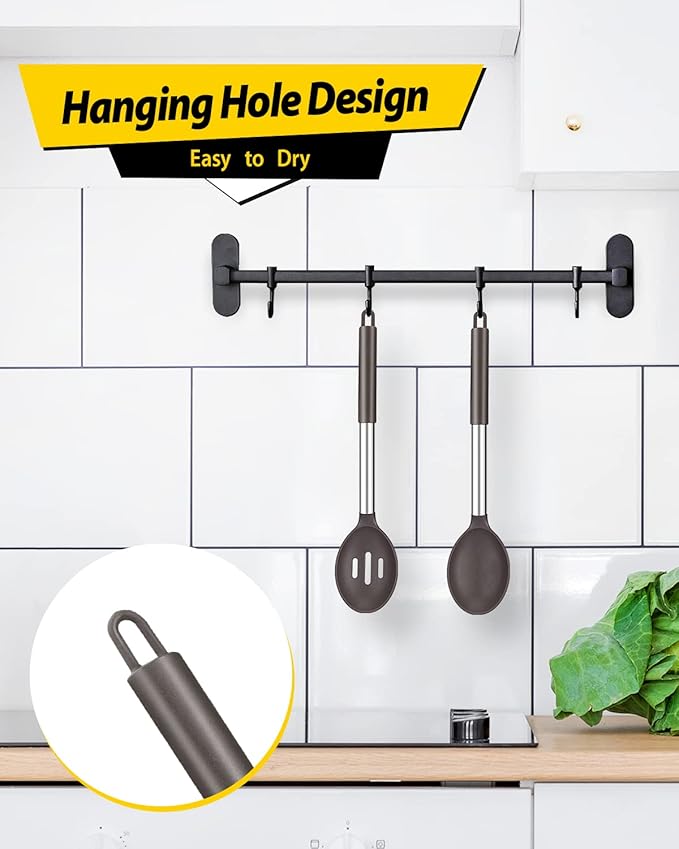 Pack of 2 Large Silicone Cooking Spoons,Non Stick Solid Basting Spoon,Heat-Resistant Kitchen Utensils for Mixing,Serving,Draining,Stirring (CHOCOLATE)