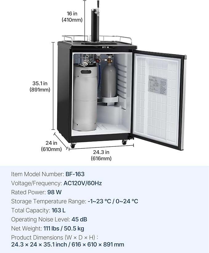 VEVOR Beer Kegerator, Single Tap Commercial Draft Beer Dispenser for D system, Full Size Keg Refrigerator with 5lbs CO2 Tank, Hold 2 Sixth / 3 Ball lock keg, Silver
