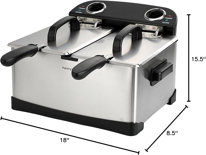 PantryPro 4 Liter / 4.2 Quart Stainless Steel Dual-Tank Electric Deep Fryer, 1800 W, Dual Temperature Control, 2 Baskets, Odor Filter