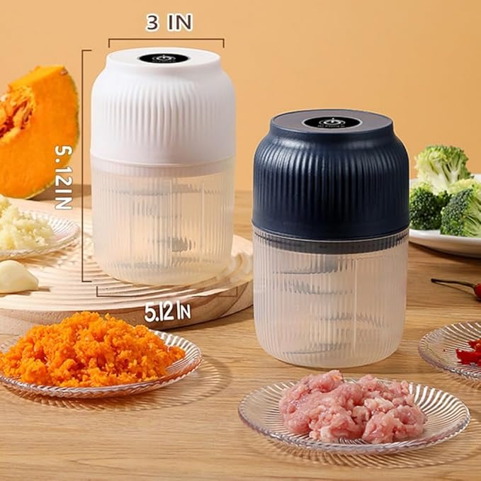 300ML USB Rechargeable Electric Garlic Chopper, Mini Portable Veggie Cutter with Eggbeater&4/6 Knife Heads, Veggie Chopper with Container and Lid, Vegetable Crusher (A)