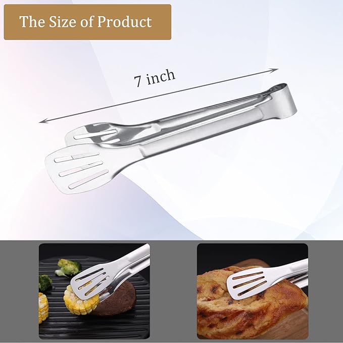 6PCS Serving Tongs, 7Inch Buffet Tongs, Stainless Steel Food Tong Small Serving Utensils for Cooking, Entertaining, Salad, Barbecue, Buffet, Toast and Steak by Sunenlyst (Stainless buffet tongs)