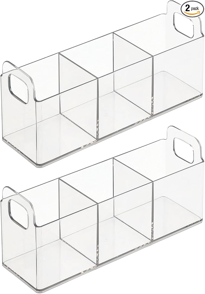 mDesign Plastic Condiment Organizer and Tea Bag Holder - 3-Compartment Kitchen Pantry/Countertop Storage Caddy - Divided Chip, Snack, Oatmeal Packet Holder - Lumiere Collection - 2 Pack, Clear